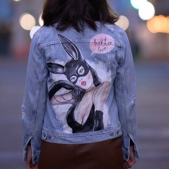 Vintage Denim Jacket Lady Bunny Women's M Size Hand Painted Art - Picture 5 of 6